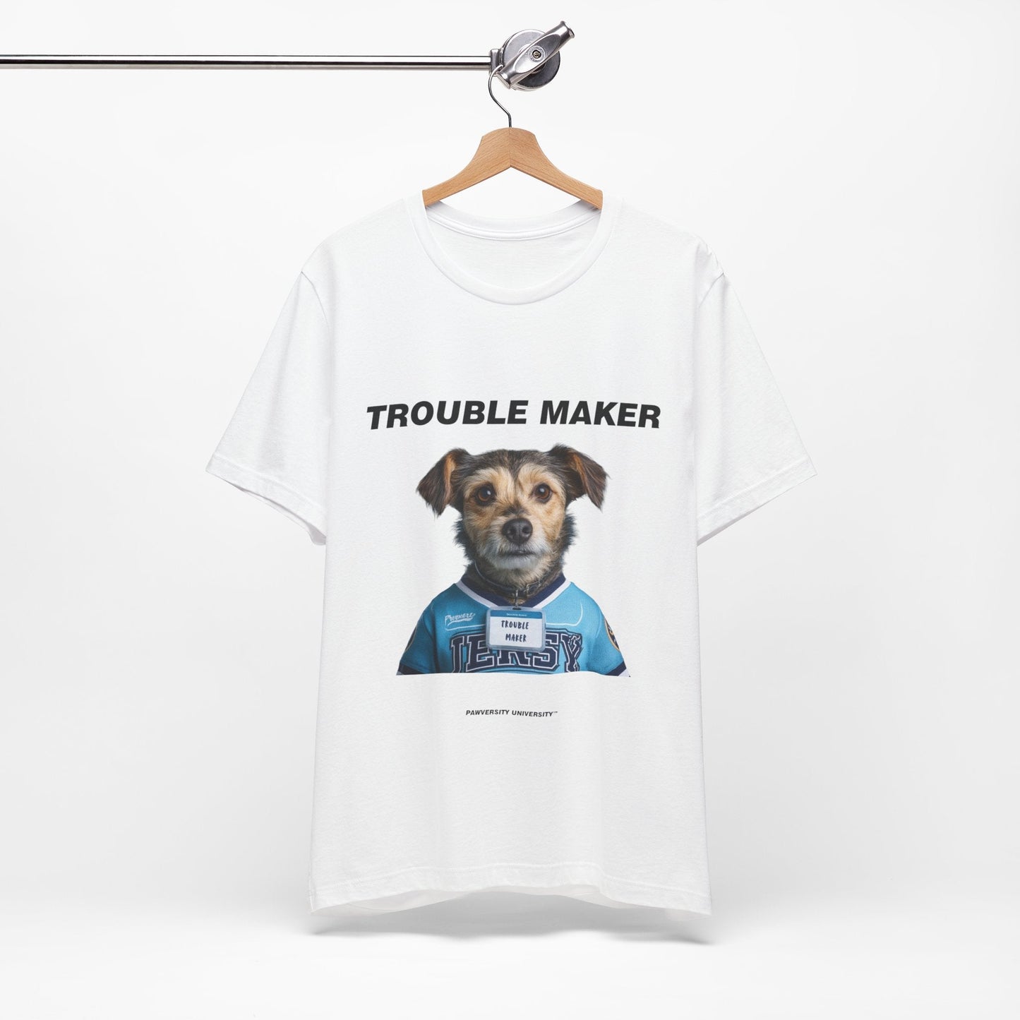 Personalized Pet T-shirt - Team Jersey Department TROUBLE MAKER| Upload Your Pet Photo & Name